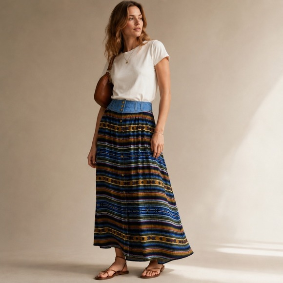 Dresses & Skirts - Vintage Southwestern Stripe Maxi Skirt High Waisted Denim Yoke Button Front Blue